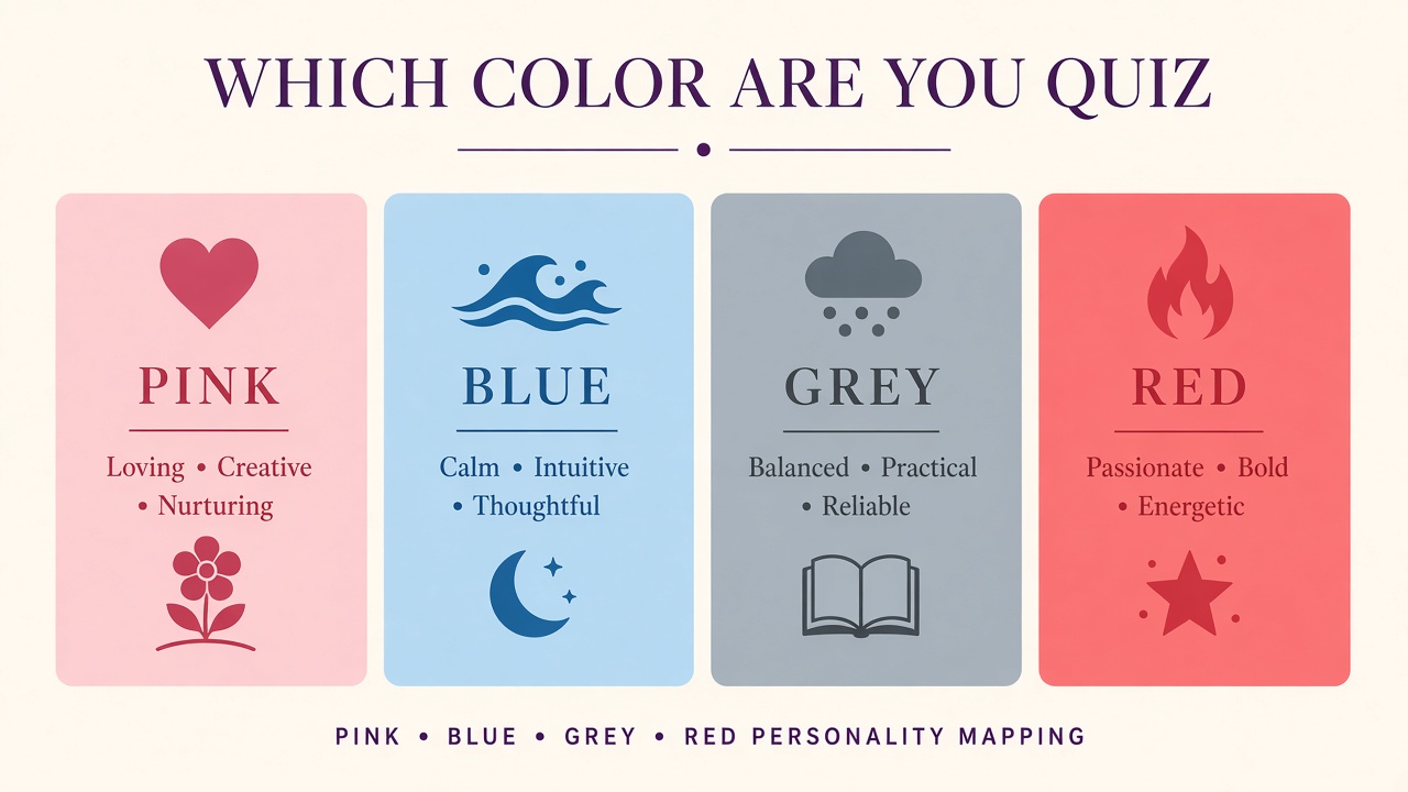 Which color are you quiz sample report with pink blue grey red quadrants and match percentage bars on The Quiz Hub