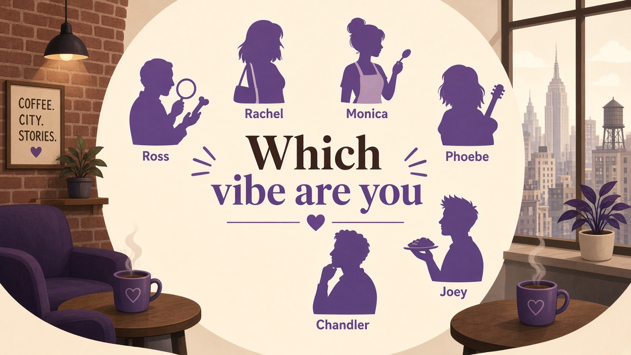 Which Friends character are you quiz diagram with six friend-group profiles around a cozy NYC coffee shop scene