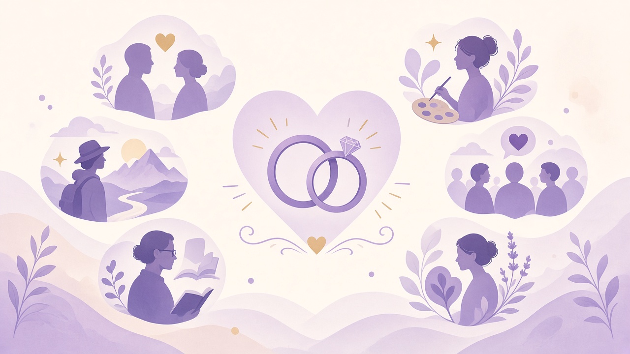 Six partner archetype silhouettes in purple for who will I marry quiz on The Quiz Hub